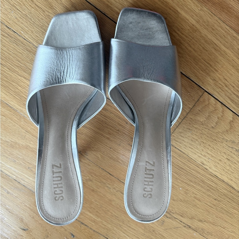 Shutz silver mini heel slides